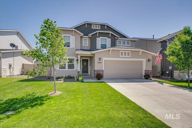 11299 W Taviton St, Nampa, ID 83651 - craftsman inspired home with stone siding, driveway, a front lawn, and an attached garage