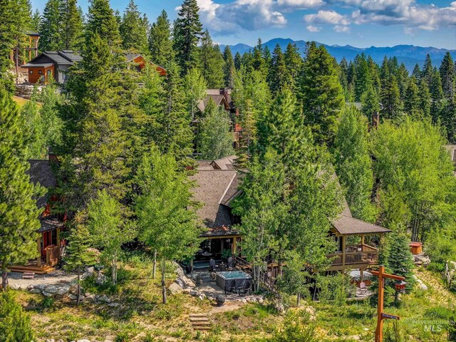 7 Golden Bench Ct, Donnelly, ID 83615 - aerial view of property and surrounding area with a heavily wooded area and a mountain backdrop