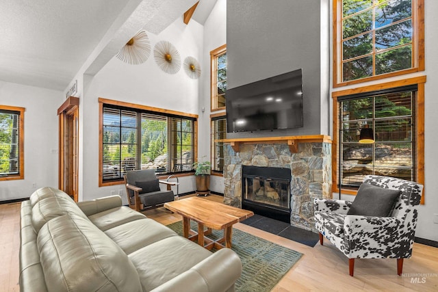 7 Golden Bench Ct, Donnelly, ID 83615 - living area featuring a stone fireplace, wood finished floors, and high vaulted ceiling