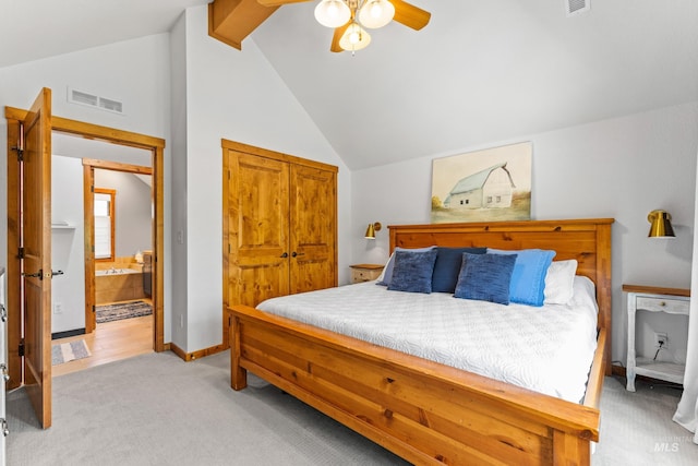 7 Golden Bench Ct, Donnelly, ID 83615 - bedroom with light carpet, a closet, a ceiling fan, and high vaulted ceiling