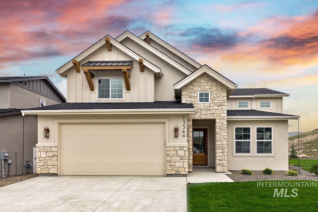 craftsman-style house with board and batten siding, driveway, an attached garage, stone siding, and stucco siding