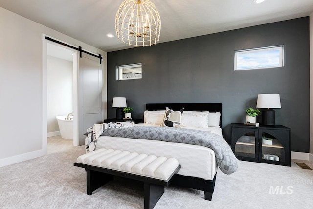 bedroom with a barn door, baseboards, a chandelier, carpet, and recessed lighting