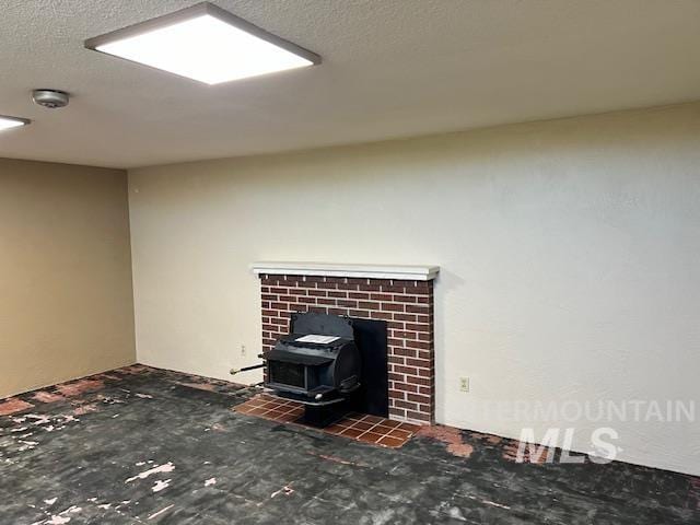 living room with a wood stove