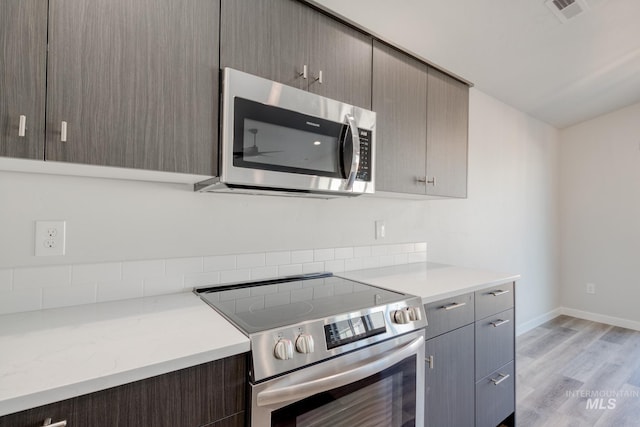 7308 E Marble Springs Dr, Nampa, ID 83687 - kitchen featuring appliances with stainless steel finishes, visible vents, baseboards, light wood-type flooring, and gray cabinets