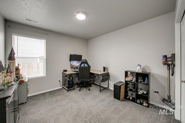 office featuring visible vents, baseboards, and carpet floors