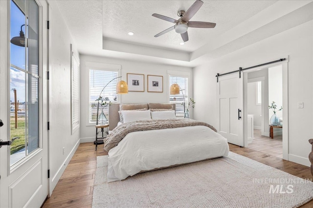10935 Purple Sage Rd, Middleton, ID 83644 - bedroom featuring a barn door, wood-type flooring, a tray ceiling, and a textured ceiling