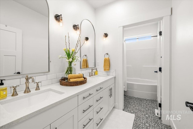 10935 Purple Sage Rd, Middleton, ID 83644 - full bath featuring double vanity, shower / bath combination with curtain, backsplash, and a sink