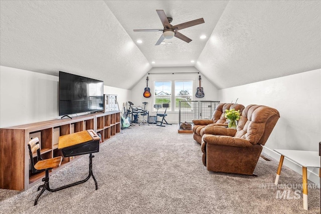 10935 Purple Sage Rd, Middleton, ID 83644 - living room with carpet floors, a textured ceiling, a ceiling fan, and vaulted ceiling