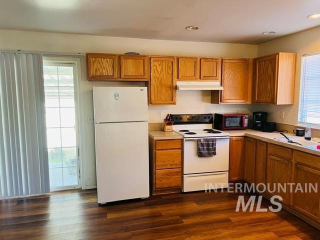 kitchen featuring under cabinet range hood, dark wood finished floors, white appliances, and brown cabinetry