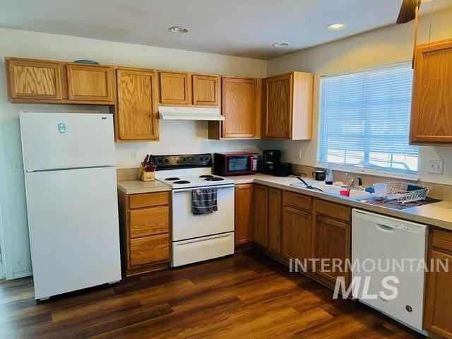 kitchen featuring white appliances, dark wood-style floors, light countertops, under cabinet range hood, and brown cabinets