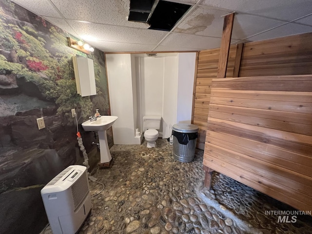 bathroom featuring a sink, a drop ceiling, toilet, and stone finish flooring