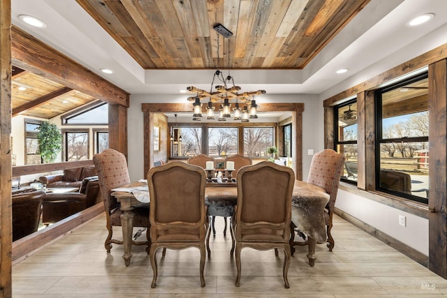 dining room featuring a notable chandelier, lofted ceiling with beams, wooden ceiling, and light hardwood / wood-style floors