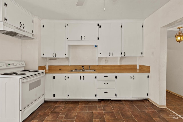 1402 Southside Blvd, Nampa, ID 83686 - kitchen featuring electric stove, a sink, under cabinet range hood, and white cabinetry