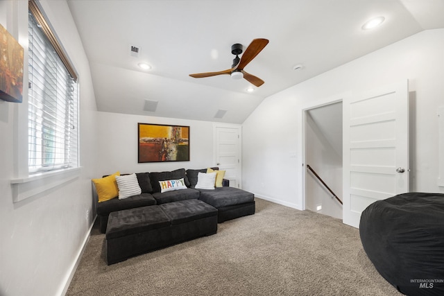 1309 S Pacific St, Boise, ID 83705 - carpeted living room with lofted ceiling, a ceiling fan, and recessed lighting