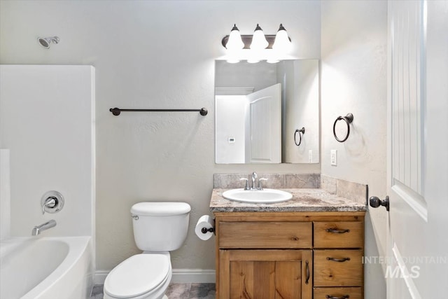 full bath with vanity, toilet, shower / tub combination, and baseboards