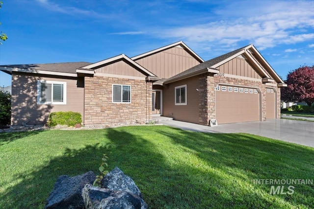view of front facade featuring stone siding, an attached garage, a front lawn, concrete driveway, and board and batten siding