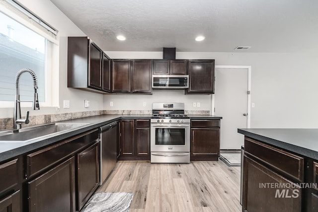 kitchen with dark brown cabinetry, light wood finished floors, visible vents, stainless steel appliances, and a sink