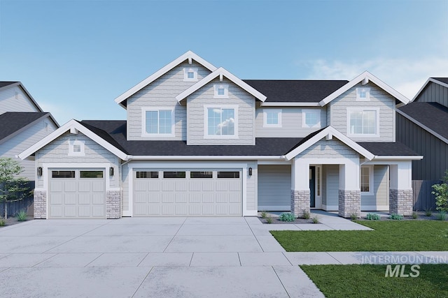 4305 N Bryant Way, Meridian, ID 83646 - craftsman-style home with stone siding, concrete driveway, a front lawn, an attached garage, and a shingled roof