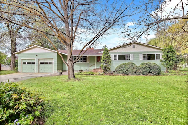 ranch-style house with a garage, driveway, and a front lawn