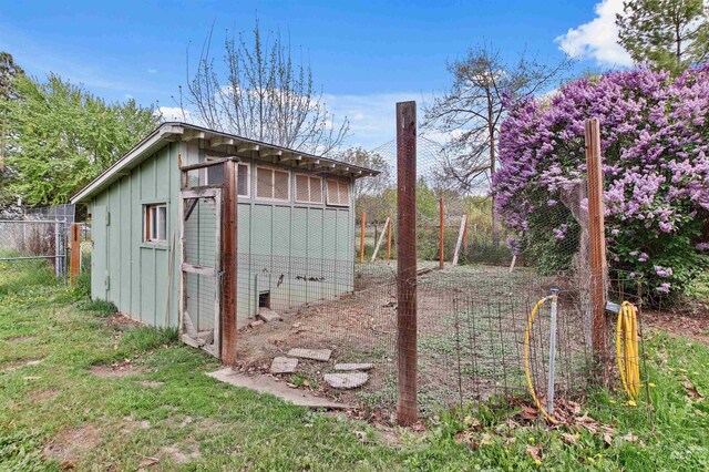 view of poultry coop with fence