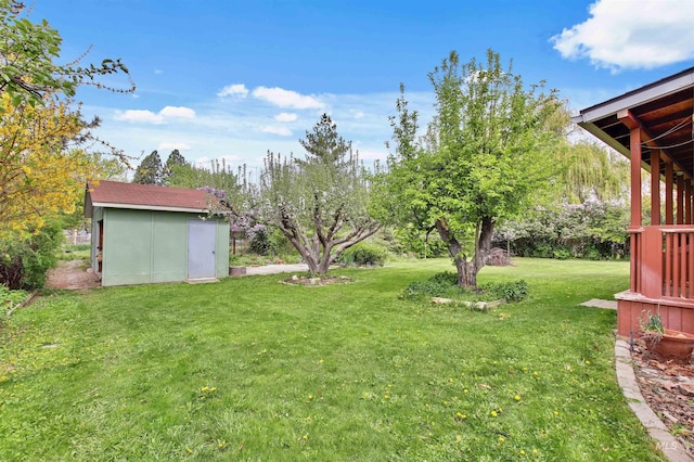 view of yard featuring an outdoor structure and a shed