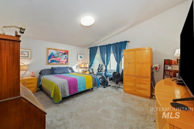 carpeted bedroom featuring lofted ceiling