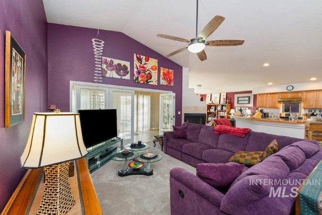 living room with high vaulted ceiling and ceiling fan