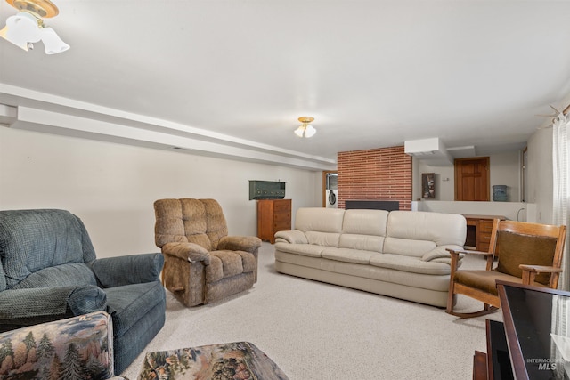 carpeted living room featuring a brick fireplace