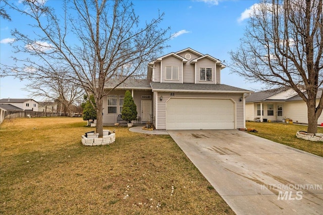 traditional-style home with a front yard, a garage, driveway, and roof with shingles