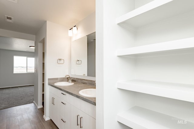 bathroom with wood-type flooring and vanity