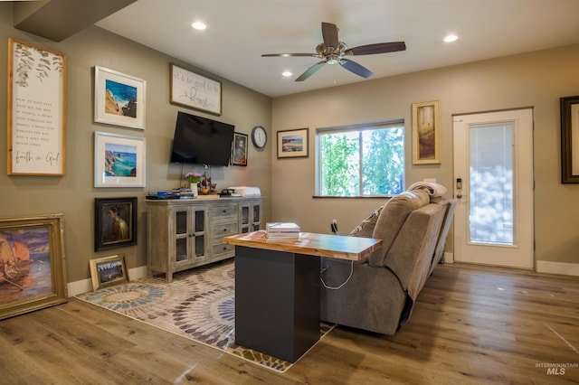living room with ceiling fan and hardwood / wood-style flooring