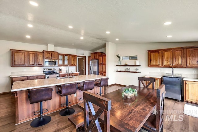 kitchen featuring baseboards, a sink, appliances with stainless steel finishes, and dark wood-style floors