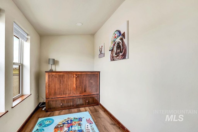 interior space with baseboards, a healthy amount of sunlight, and dark wood-type flooring