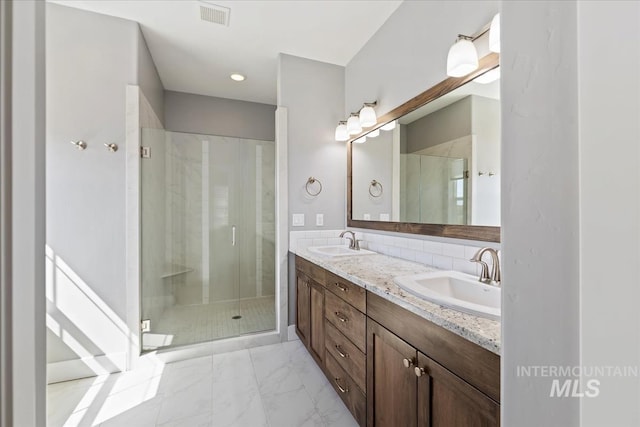 3631 S Pheasant Tail Way, Boise, ID 83716 - full bath with a stall shower, double vanity, and marble finish floors