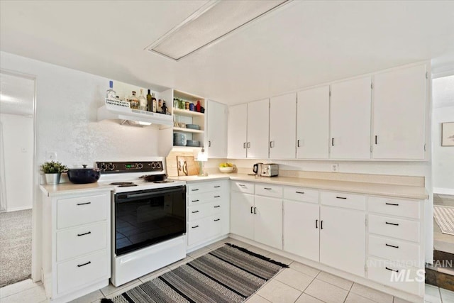 kitchen featuring white range with electric cooktop, open shelves, light countertops, under cabinet range hood, and white cabinetry