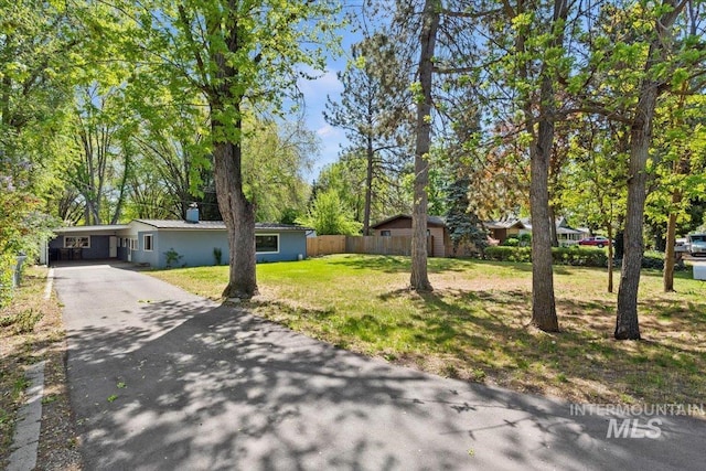 ranch-style home with fence, an attached carport, driveway, and a front lawn