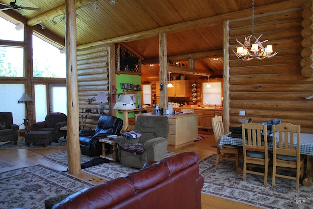 living room with wood ceiling, light wood finished floors, log walls, a chandelier, and ceiling fan