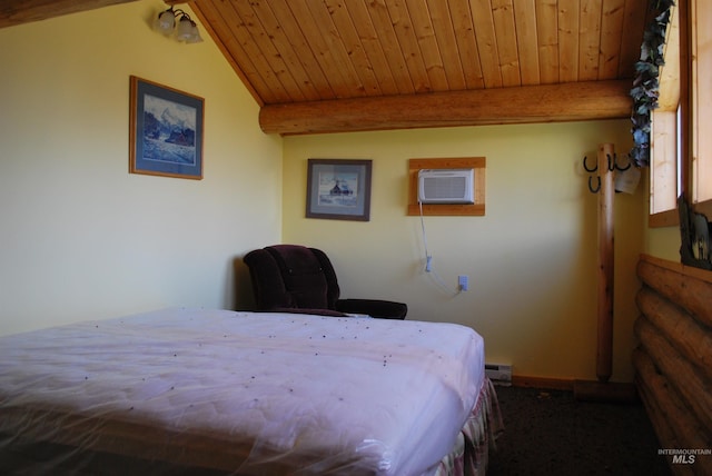 bedroom with a wall unit AC, wood ceiling, a baseboard radiator, carpet, and beam ceiling