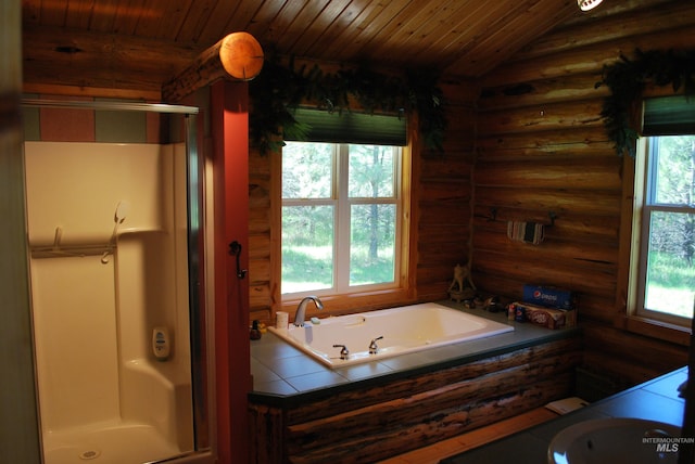 full bath with log walls, a stall shower, healthy amount of natural light, wooden ceiling, and a bath