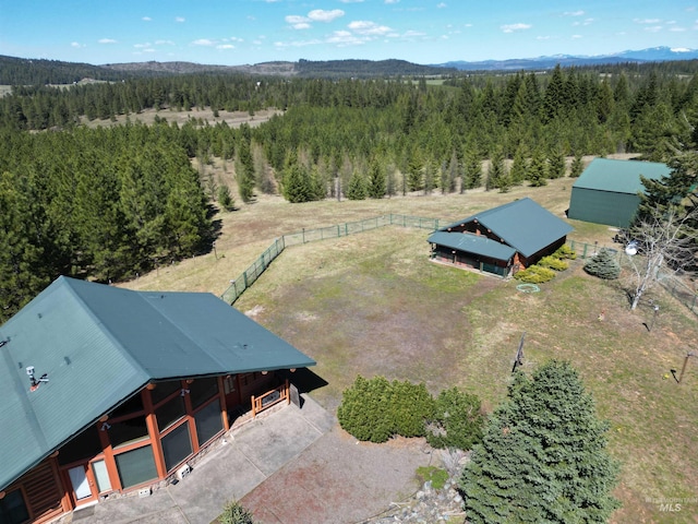 view of subject property with a heavily wooded area