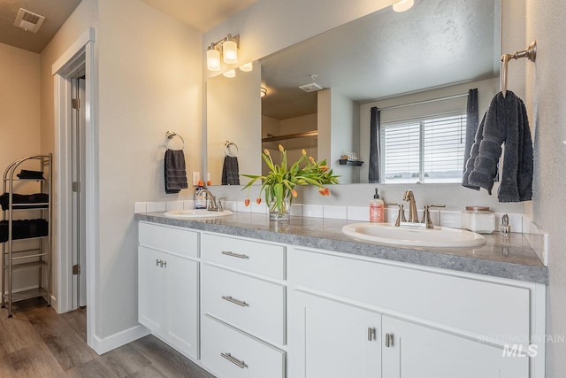 8228 S Bogus Ridge Ave, Boise, ID 83716 - bathroom featuring double vanity, wood finished floors, baseboards, and a shower