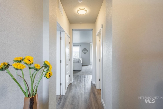 8228 S Bogus Ridge Ave, Boise, ID 83716 - hallway with wood finished floors, a textured wall, and baseboards