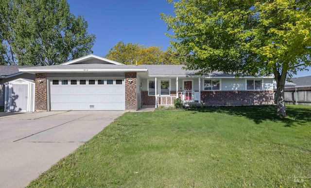 single story home featuring driveway, brick siding, a garage, a porch, and a front lawn