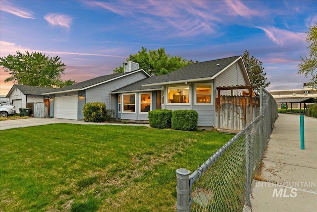 ranch-style house featuring fence, a front lawn, a garage, a chimney, and driveway
