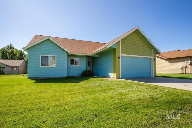 single story home with a garage and a front yard