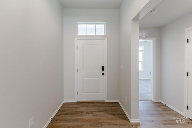 entryway featuring light wood finished floors, a wealth of natural light, and baseboards