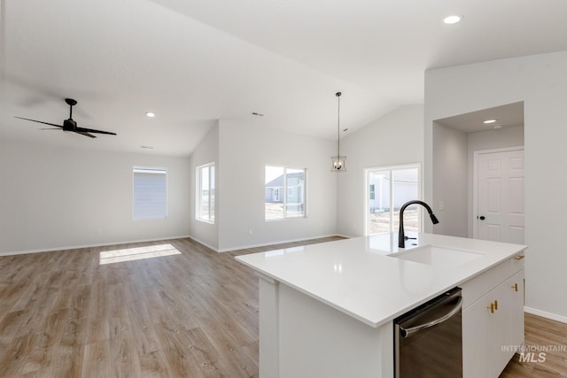 kitchen with a sink, light wood-style floors, plenty of natural light, and dishwasher