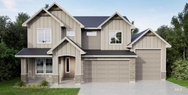1219 W Ultar Dr, Nampa, ID 83686 - craftsman inspired home with board and batten siding, stone siding, a garage, and driveway
