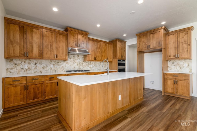 kitchen featuring sink, a kitchen island with sink, stainless steel appliances, dark hardwood / wood-style floors, and decorative backsplash