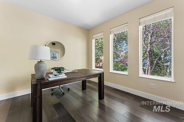 office area with baseboards and dark wood-style flooring